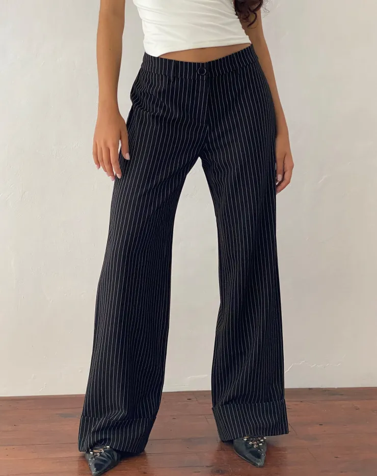 Women Motel Rocks Tailoring | Wide Leg Pants | Abba Low Rise Trouser in Black Pinstripe Tailoring