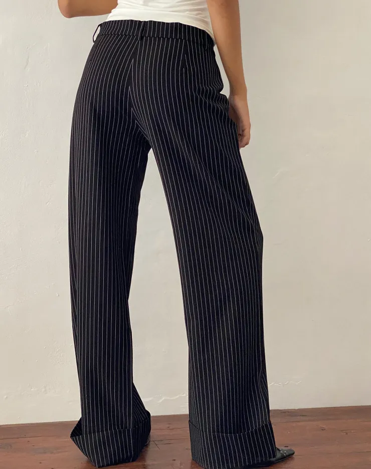 Women Motel Rocks Tailoring | Wide Leg Pants | Abba Low Rise Trouser in Black Pinstripe Tailoring