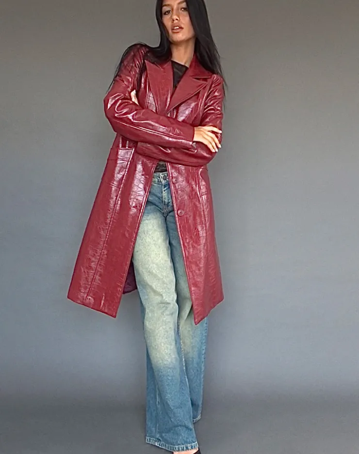 Women Motel Rocks Pu Jackets | Abigail Coat in Matte PU Croc Burgundy