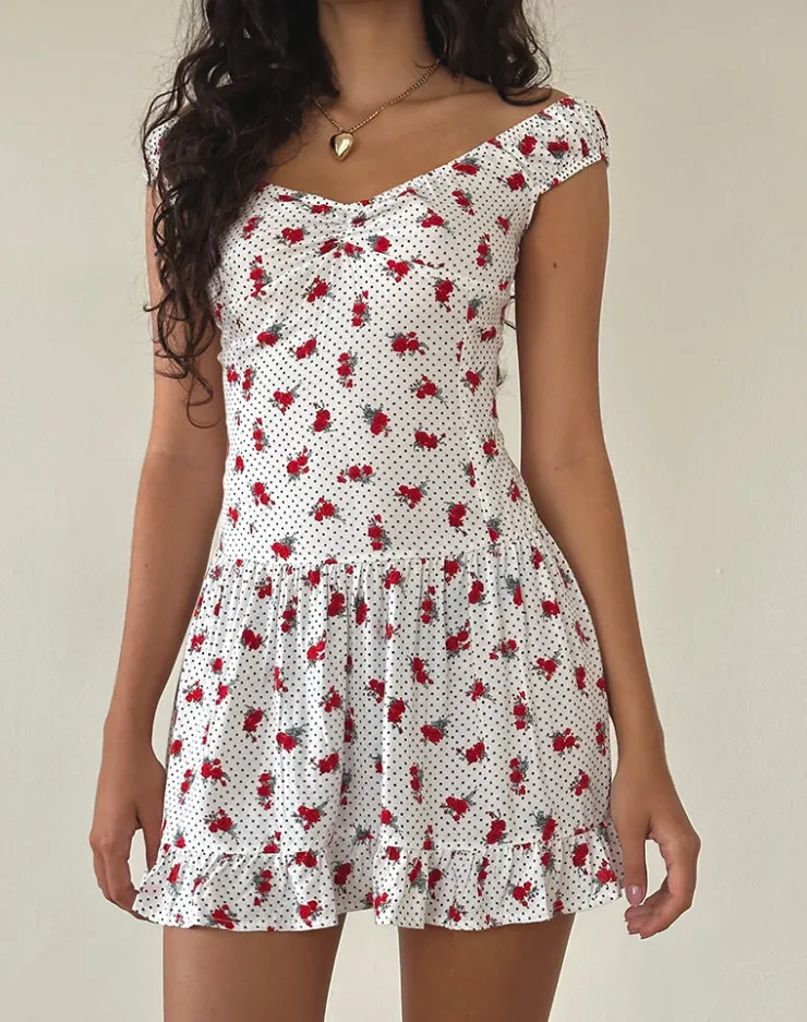 Women Motel Rocks Printed Dresses | Mini Dresses | Aca Bardot Mini Dress in White Rose Polka