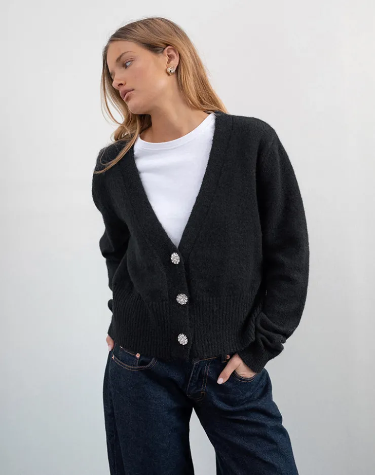 Women Motel Rocks Cardigans | Acera Knitted Cardigan in Black with Silver Flower Buttons