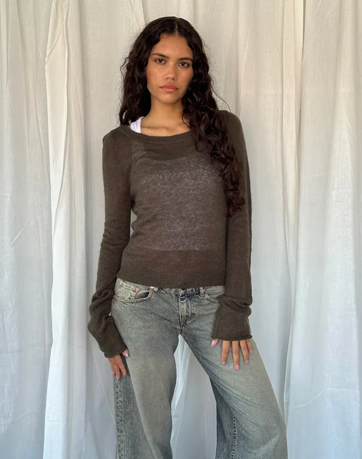 Women Motel Rocks Long Sleeve Tops | Addison Long Sleeve Sheer Knit Top in Dark Chocolate