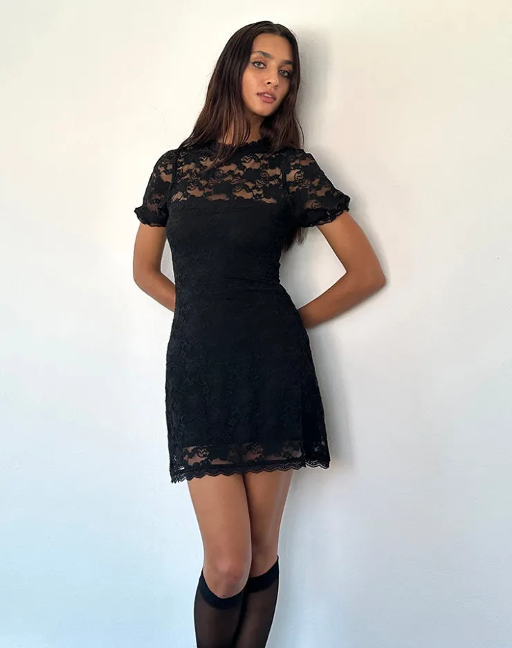 Women Motel Rocks Printed Dresses | Day Dresses | Adele Mini Tea Dress in Black Jasmine Lace