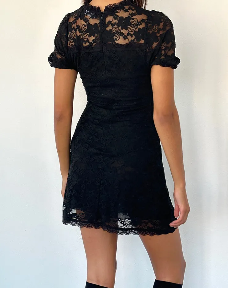 Women Motel Rocks Printed Dresses | Day Dresses | Adele Mini Tea Dress in Black Jasmine Lace