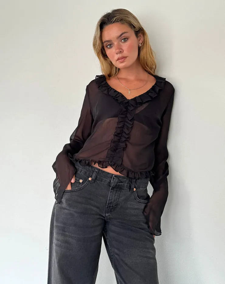 Women Motel Rocks Going Out Tops | Adriana Ruffle Top in Chiffon Black