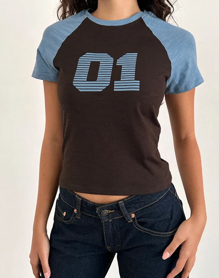 Women Motel Rocks Basic Tops | Printed Tops | Agneta Tee in Chocolate Brown and Ash Blue Combination