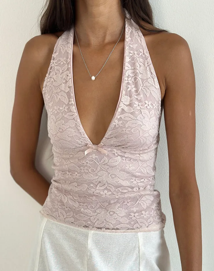 Women Motel Rocks Halterneck Tops | Lace Tops | Aksa Halterneck Top in Lace Lotus Pink