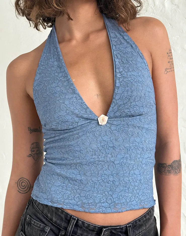 Women Motel Rocks Halterneck Tops | Lace Tops | Aksa Halterneck Top in Moonlight Blue Lace with Rose