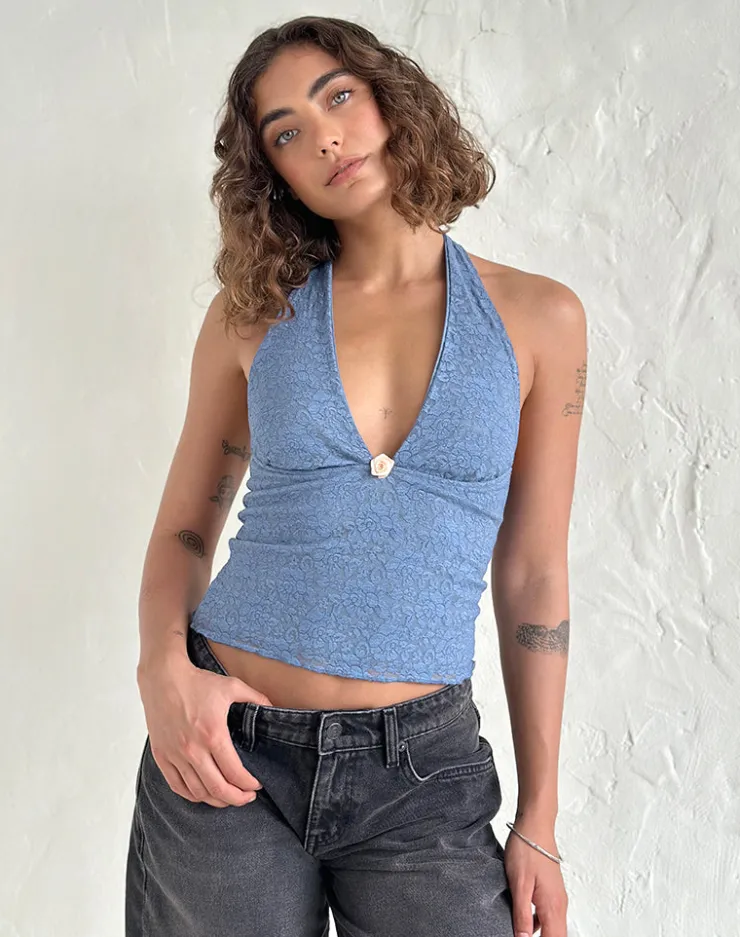 Women Motel Rocks Halterneck Tops | Lace Tops | Aksa Halterneck Top in Moonlight Blue Lace with Rose