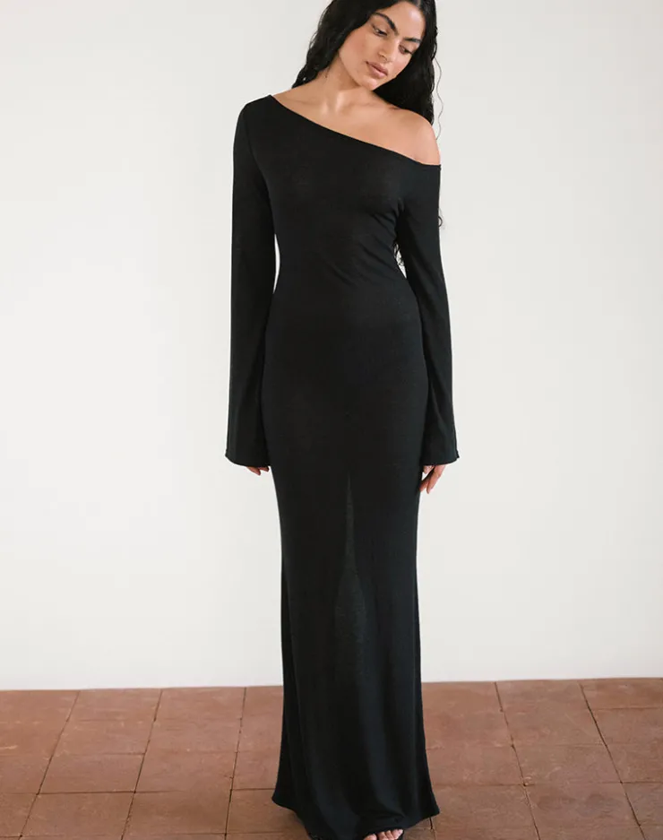 Women Motel Rocks Day Dresses | Bodycon Dresses | Aldiana Long Sleeve Asymmetric Maxi Dress in Sheer Knit Black