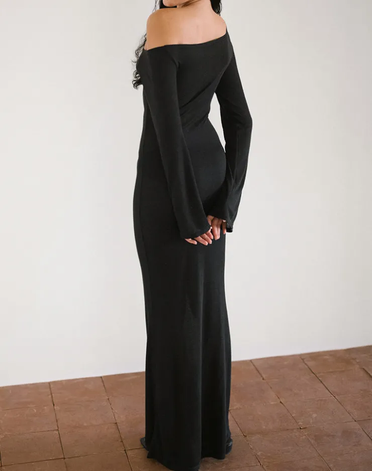 Women Motel Rocks Day Dresses | Bodycon Dresses | Aldiana Long Sleeve Asymmetric Maxi Dress in Sheer Knit Black