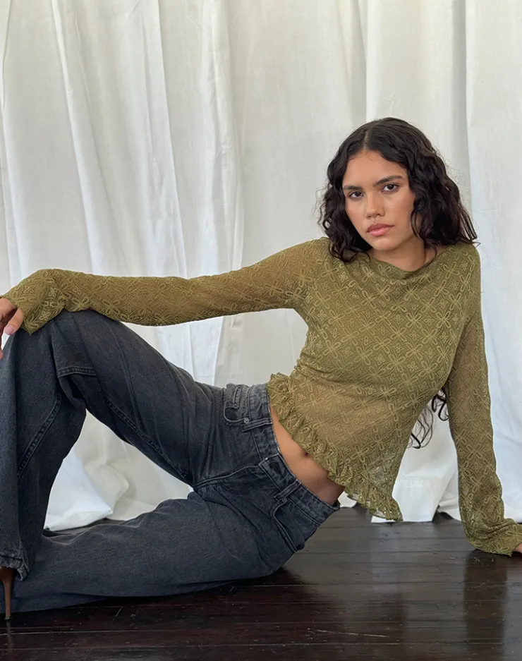 Women Motel Rocks Long Sleeve Tops | Allegra Long Sleeve Top in Textured Moss Green Lace