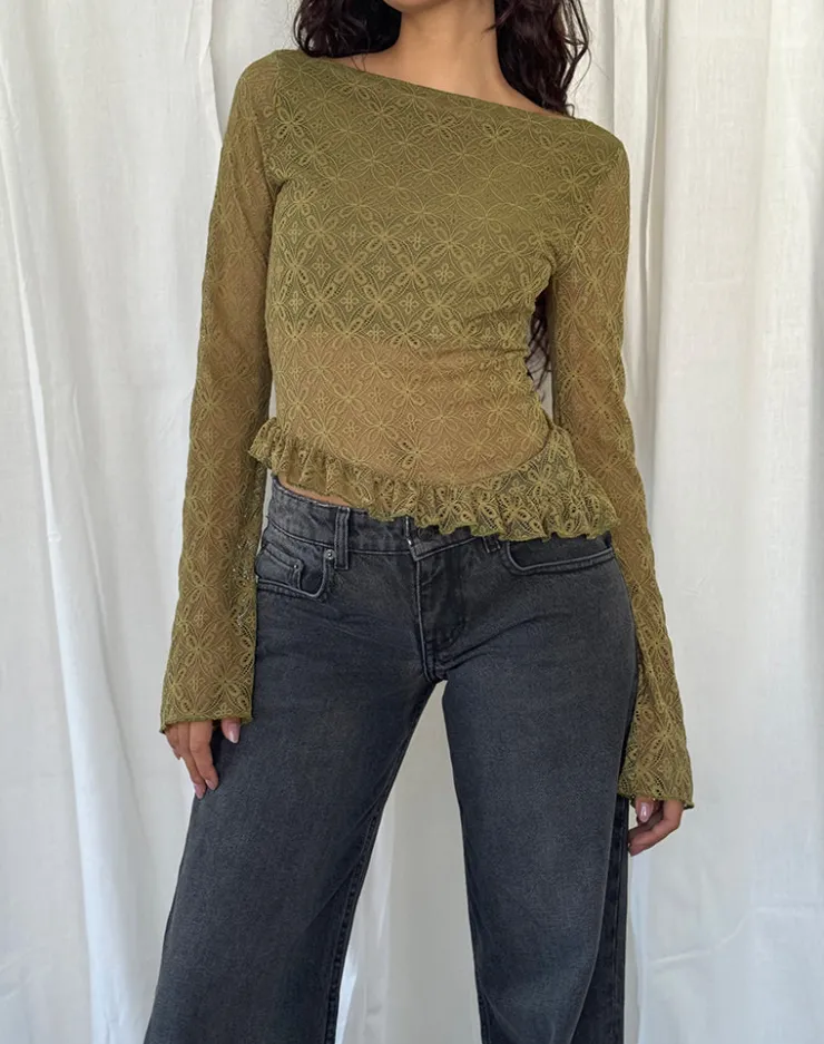 Women Motel Rocks Long Sleeve Tops | Allegra Long Sleeve Top in Textured Moss Green Lace