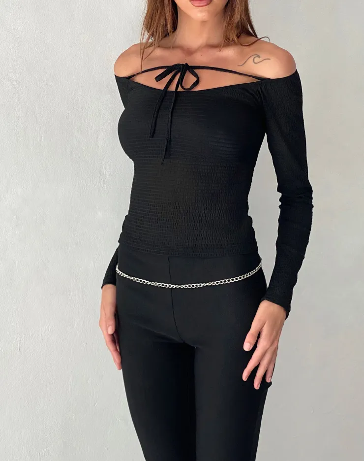 Women Motel Rocks Long Sleeve Tops | Alondra Long Sleeve Tie Front Top in Textured Black