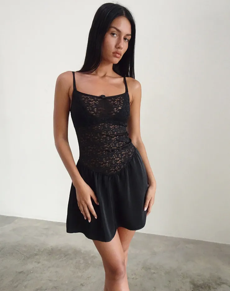 Women Motel Rocks Little Black Dresses | Party Dresses | Alunan Slip Dress in Satin Lace Black