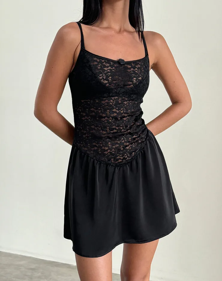 Women Motel Rocks Little Black Dresses | Party Dresses | Alunan Slip Dress in Satin Lace Black