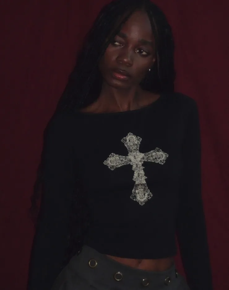 Women Motel Rocks Long Sleeve Tops | Amabon Top in Black with Cross Motif