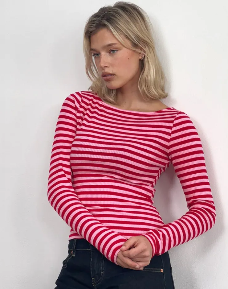 Women Motel Rocks Basic Tops | Printed Tops | Amabon Top in Pink and Red Stripe