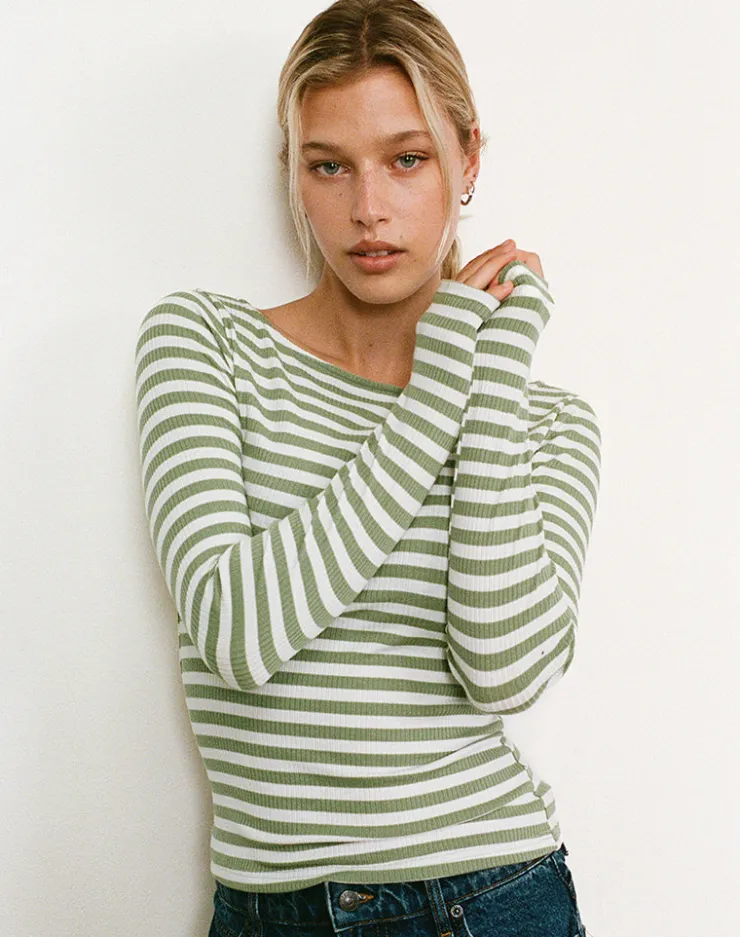 Women Motel Rocks Basic Tops | Long Sleeve Tops | Amabon Top in Sage Green Stripe