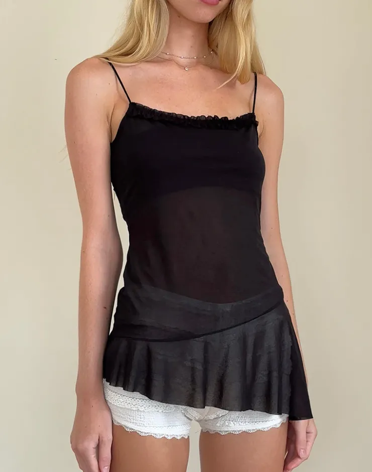 Women Motel Rocks Strappy Tops | Anastasia Mesh Ruffle Cami Top in Black