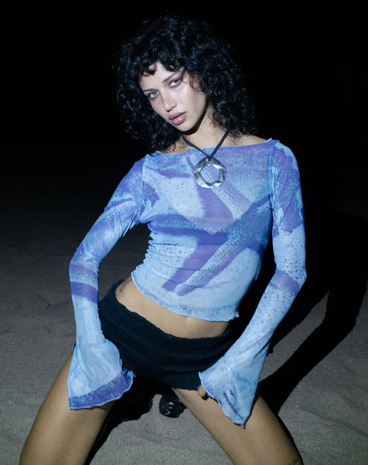 Women Motel Rocks Printed Tops | Long Sleeve Tops | Anchi Mesh Long Sleeve Top in Blue Starfish Photoprint