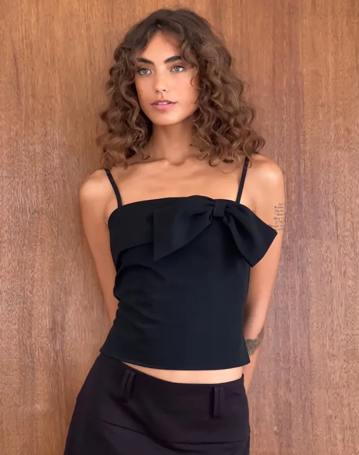 Women Motel Rocks Strappy Tops | Going Out Tops | Antlia Bow Cami Top in Tailoring Black