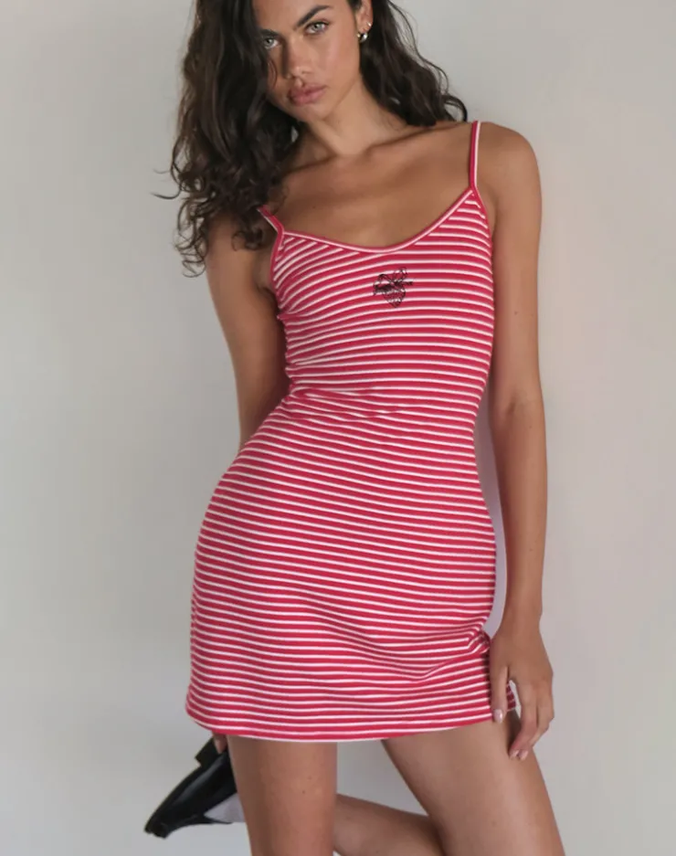 Women Motel Rocks Basics | Printed Dresses | Anzhelina Strappy Mini Dress in Red and White Stripe with Strawberry Emb