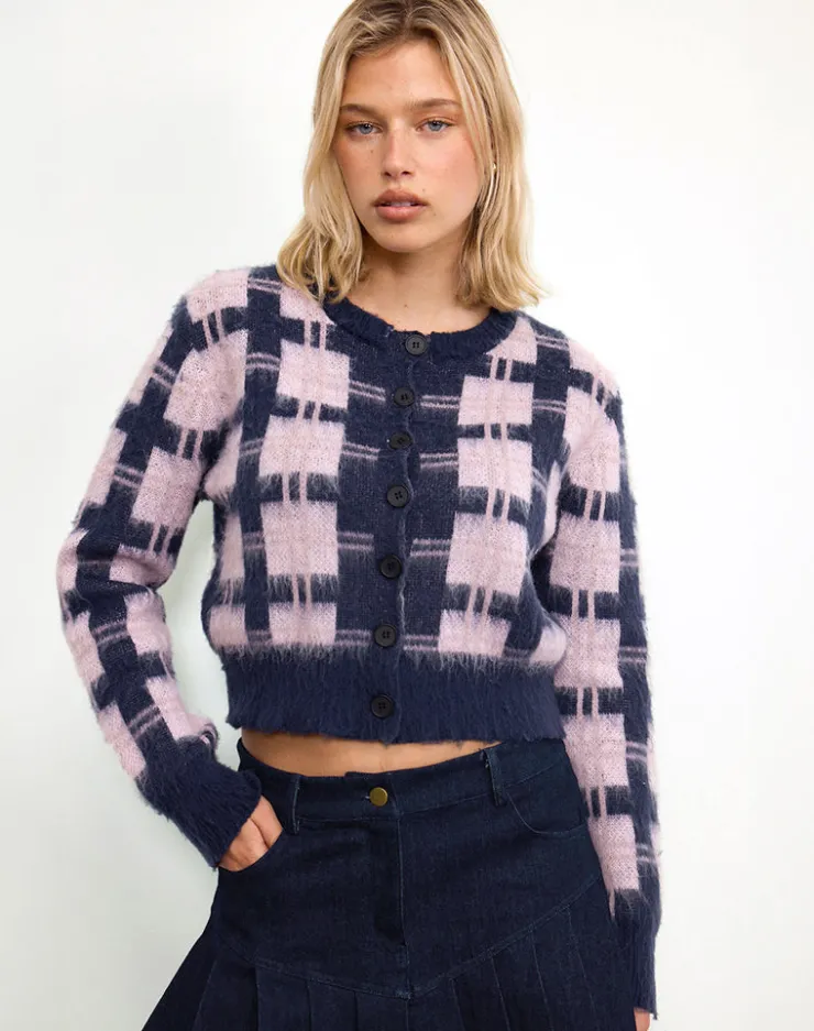 Women Motel Rocks Cardigans | Anzio Button Up Cardigan In Multi Check Navy and Pink
