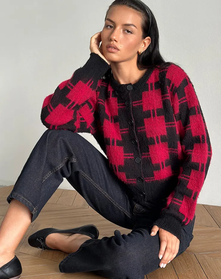 Women Motel Rocks Cardigans | Anzio Cardigan in Black and Red Check Knit