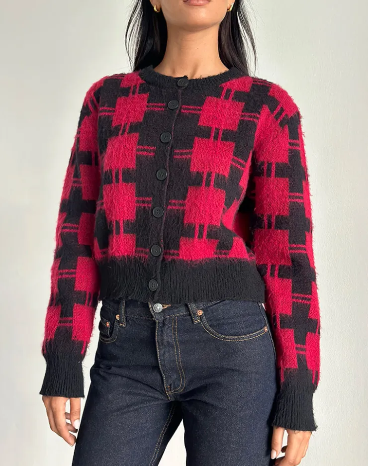 Women Motel Rocks Cardigans | Anzio Cardigan in Black and Red Check Knit