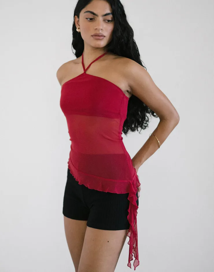 Women Motel Rocks Halterneck Tops | Going Out Tops | Arabella Halterneck Top in Mesh Cherry