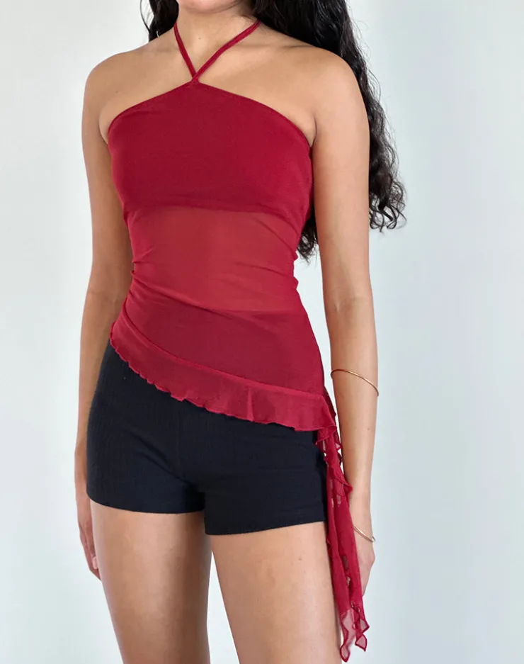 Women Motel Rocks Halterneck Tops | Going Out Tops | Arabella Halterneck Top in Mesh Cherry