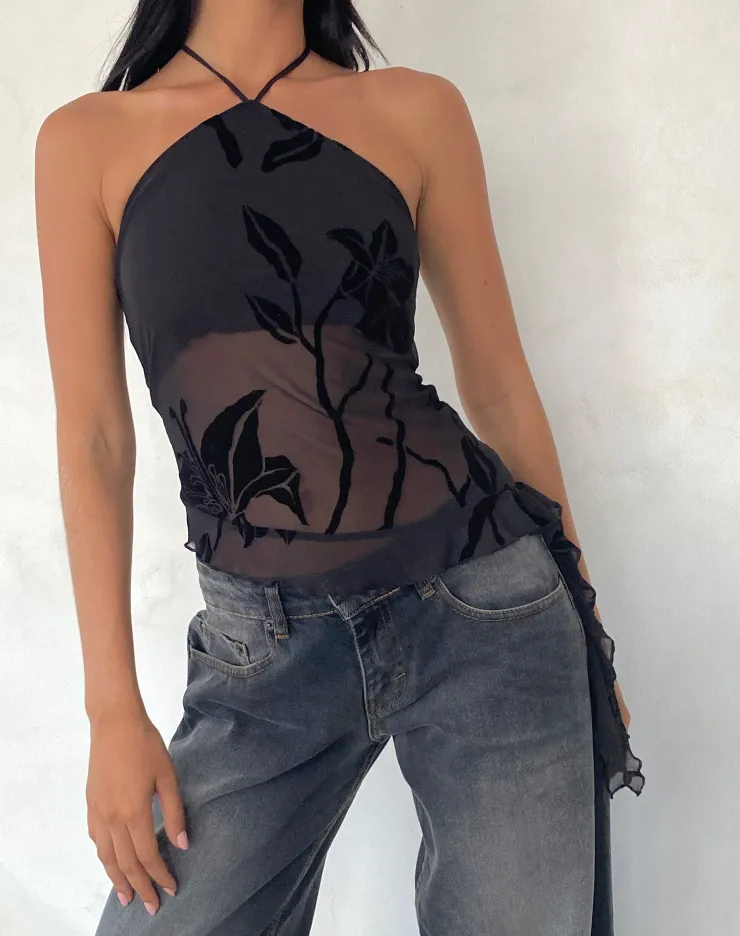 Women Motel Rocks Halterneck Tops | Printed Tops | Arabella Halterneck Top in Orchids Flock Black