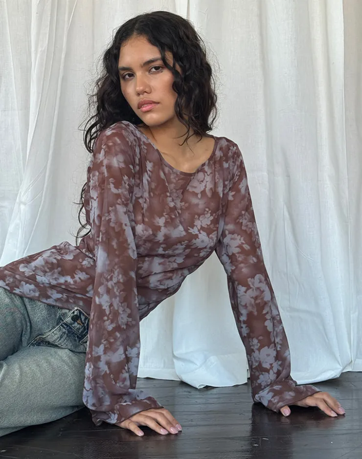 Women Motel Rocks Printed Tops | Long Sleeve Tops | Arcelia Long Sleeve Mesh Top in Botanical Shadow Brown