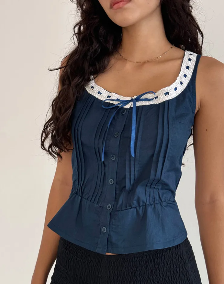 Women Motel Rocks Vest Tops | Arhan Sleeveless Top in Navy Poplin with White Trim