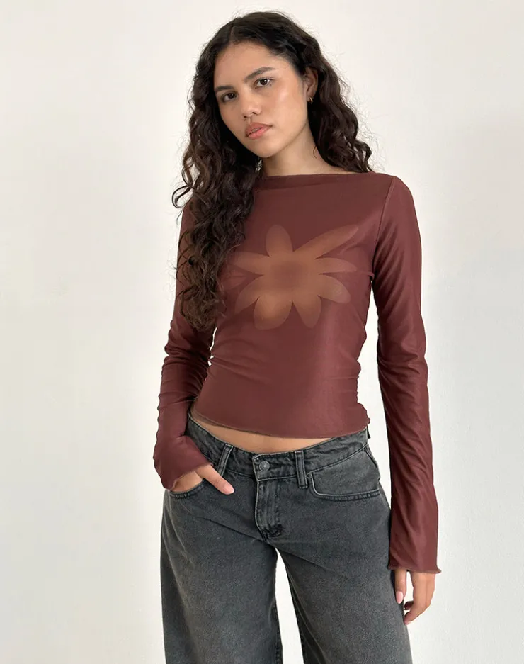 Women Motel Rocks Printed Tops | Long Sleeve Tops | Armali Long Sleeve Top in Mesh Tonal Flower Brown