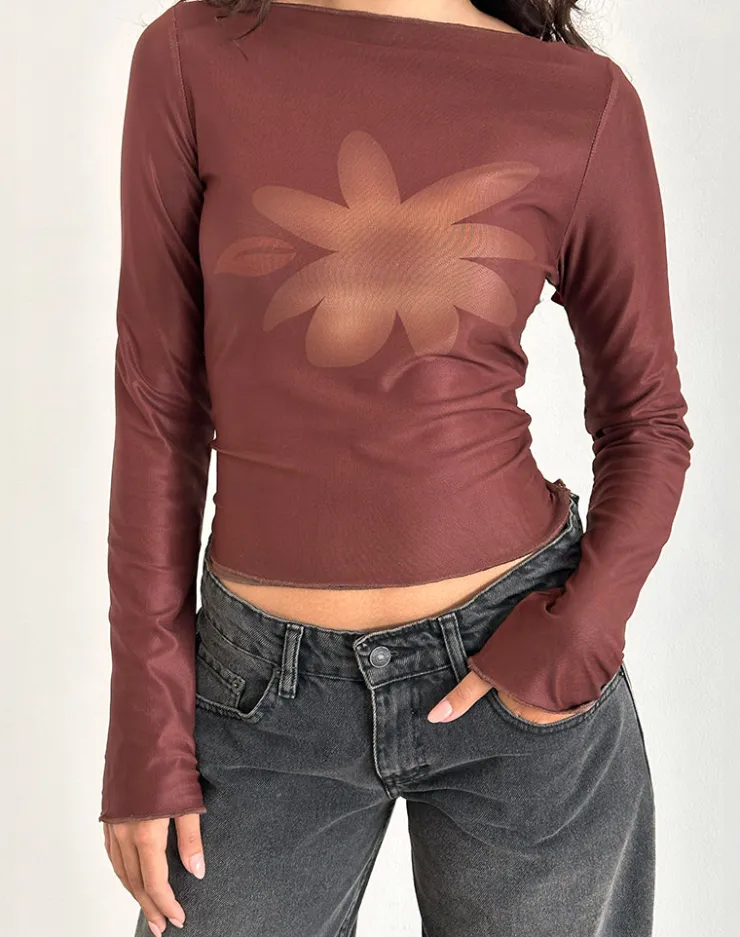 Women Motel Rocks Printed Tops | Long Sleeve Tops | Armali Long Sleeve Top in Mesh Tonal Flower Brown