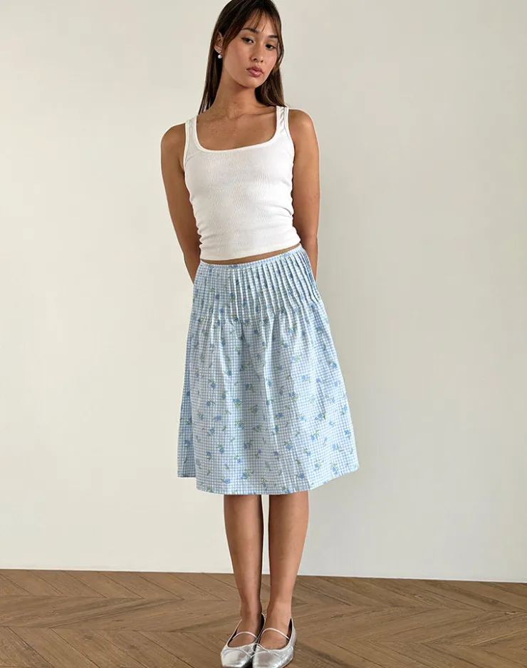 Women Motel Rocks Co-ords | Printed Skirts | Asada Midi Skirt in Blue Flower Gingham