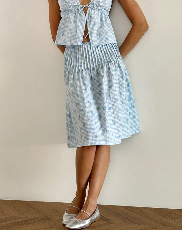 Women Motel Rocks Co-ords | Printed Skirts | Asada Midi Skirt in Blue Flower Gingham