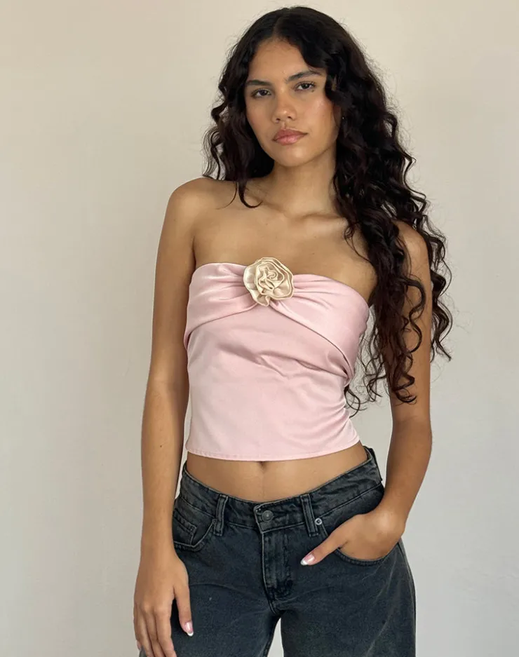 Women Motel Rocks Bandeau Tops | Going Out Tops | Astrum Satin Bandeau Top in Pink with Ivory Rose