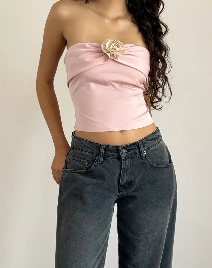 Women Motel Rocks Bandeau Tops | Going Out Tops | Astrum Satin Bandeau Top in Pink with Ivory Rose