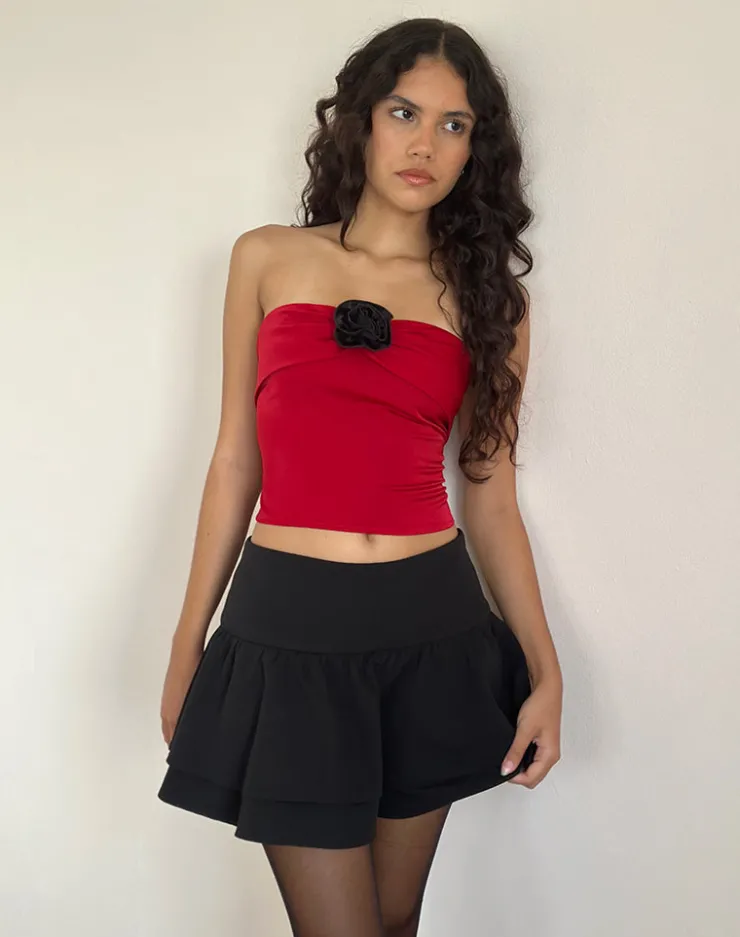 Women Motel Rocks Bandeau Tops | Going Out Tops | Astrum Satin Bandeau Top in Red with Black Rose