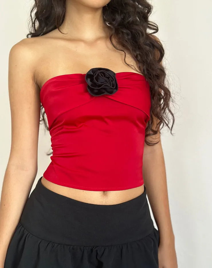 Women Motel Rocks Bandeau Tops | Going Out Tops | Astrum Satin Bandeau Top in Red with Black Rose