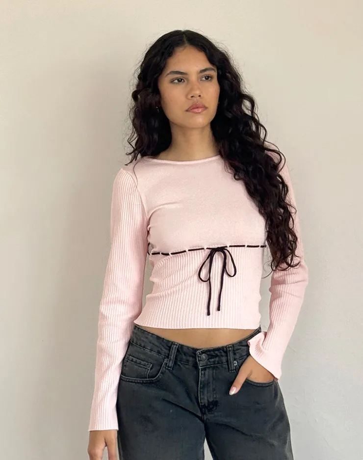 Women Motel Rocks Basic Tops | Long Sleeve Tops | Awdella Top in Blush Pink with Black