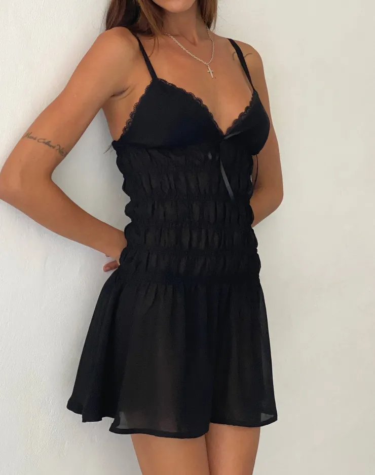 Women Motel Rocks Little Black Dresses | Mini Dresses | Axely Shirred Mini Dress in Chiffon Black