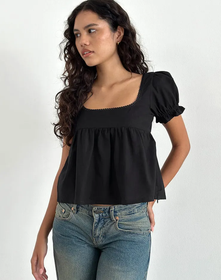 Women Motel Rocks Basic Tops | Shirts And Blouses | Axoni Square Neck Blouse in Linen Black