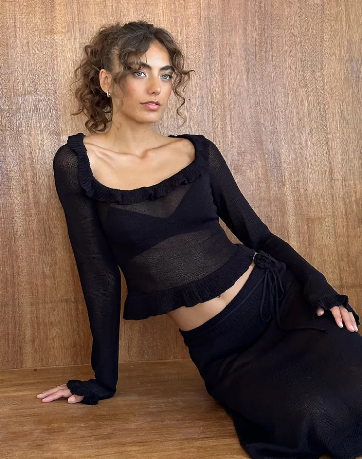 Women Motel Rocks Long Sleeve Tops | Going Out Tops | Ayako Frill Fine Knit Top in Black