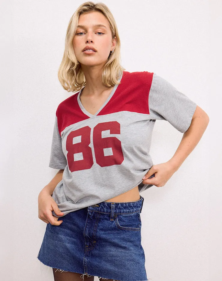 Women Motel Rocks Basic Tops | Printed Tops | Balap Oversized Top in Grey Marl and Adrenaline Red with '86' Emb