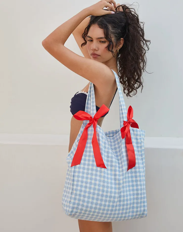 Women Motel Rocks Accessories | Barbara Tote Bag in Blue Gingham with Red Bow