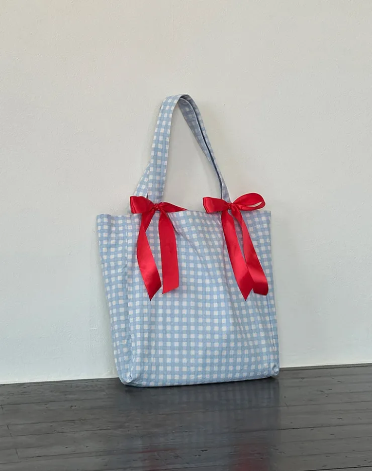 Women Motel Rocks Accessories | Barbara Tote Bag in Blue Gingham with Red Bow